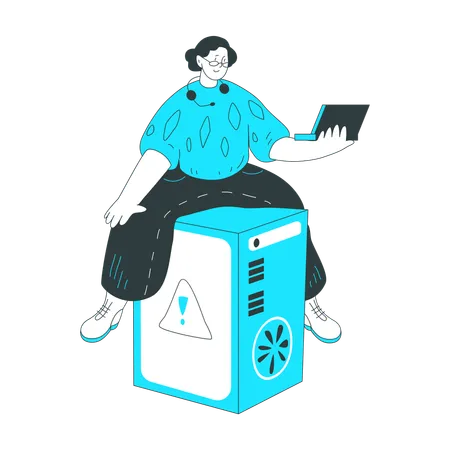 Mujer sentada con una computadora portátil en un servidor grande  Ilustración