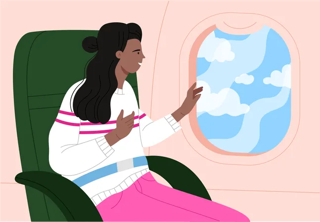 Mujer sentada en el avión en el asiento de la ventana  Ilustración