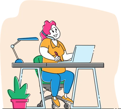 Mujer sentada en el escritorio de la oficina trabajando en una computadora portátil y hablando por teléfono inteligente  Ilustración