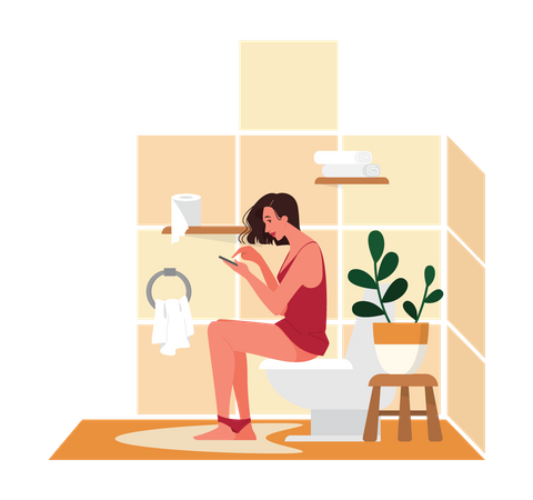 Mujer sentada en el baño y usando el teléfono  Ilustración