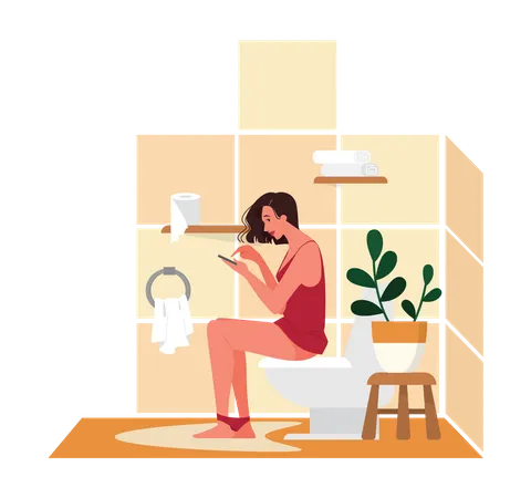 Mujer sentada en el baño y usando el teléfono  Ilustración