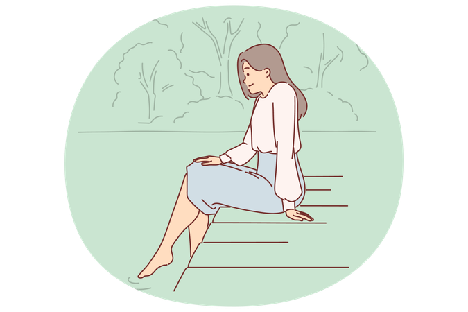 Mujer sentada en el muelle mientras se sumerge en el agua y disfruta del silencio y el buen clima de verano.  Ilustración