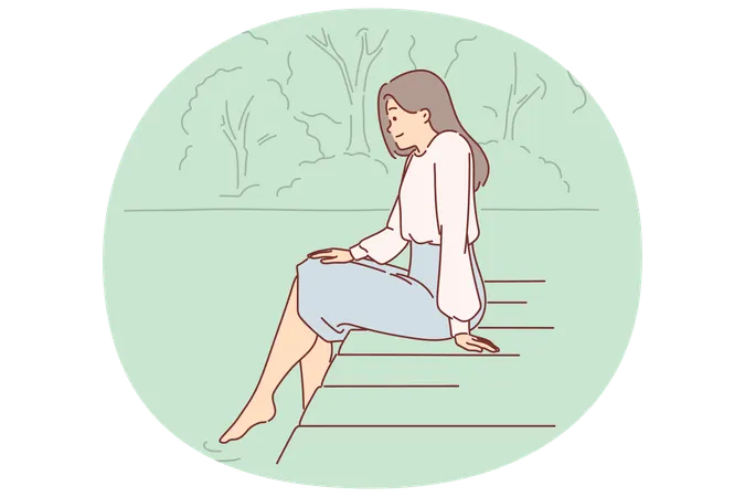 Mujer sentada en el muelle mientras se sumerge en el agua y disfruta del silencio y el buen clima de verano.  Ilustración