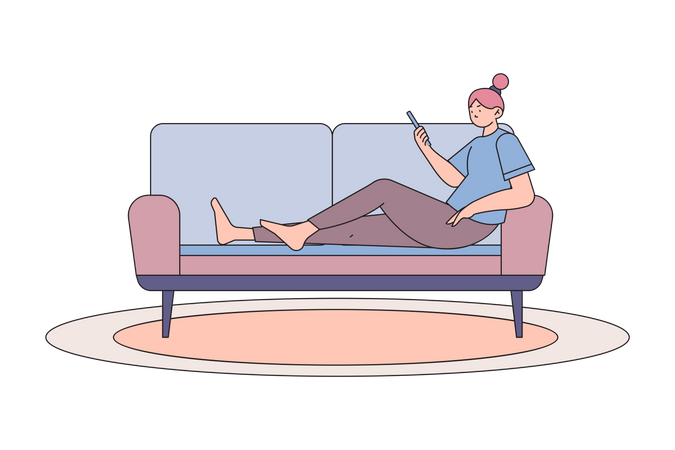 Mujer sentada en el sofá usando el móvil en casa  Ilustración