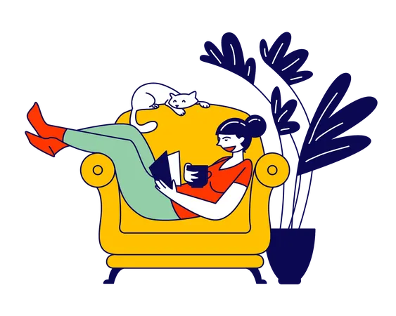 Mujer sentada en el sofá y leyendo un libro  Ilustración