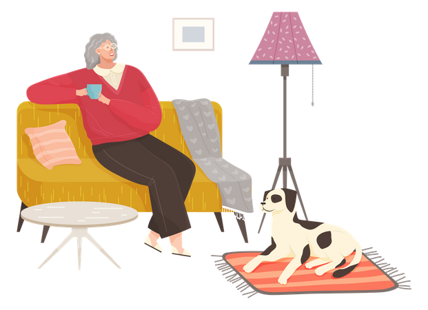 Mujer sentada en el sofá y tomando café  Ilustración