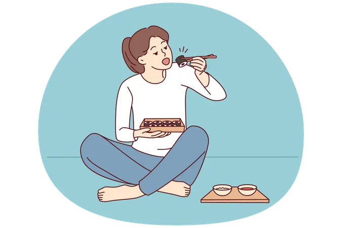 Mujer sentada en el suelo comiendo sushi  Ilustración