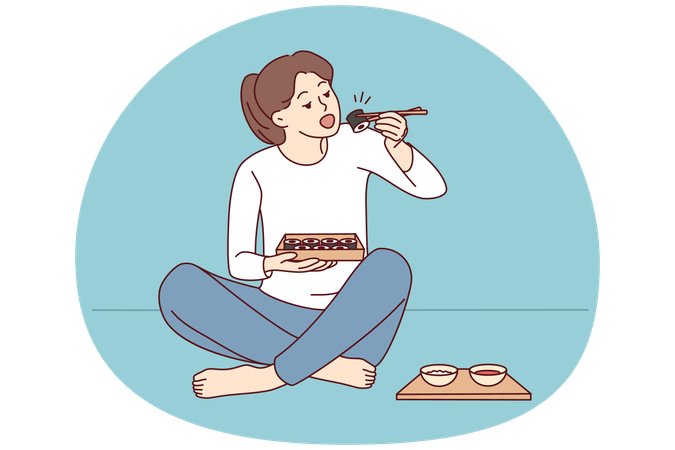 Mujer sentada en el suelo comiendo sushi  Ilustración