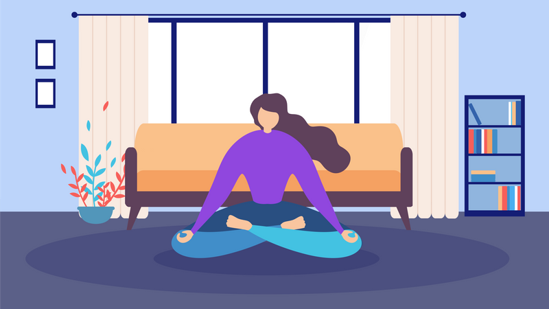 Mujer sentada en el suelo y con los ojos cerrados haciendo meditación en casa  Ilustración