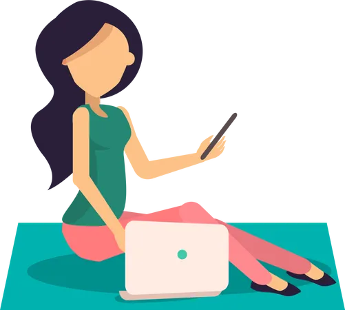 Mujer sentada en la alfombra y trabajando en una computadora portátil  Ilustración