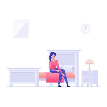 Mujer sentada en la cama en la habitación del hotel  Ilustración
