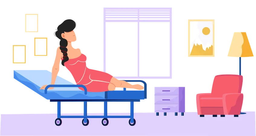 Mujer sentada en la cama en la habitación del hospital  Ilustración