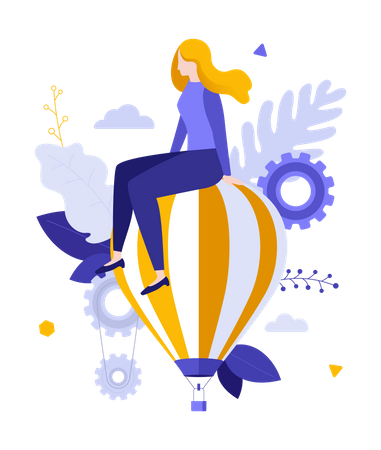 Mujer sentada encima de un globo aerostático volando  Ilustración