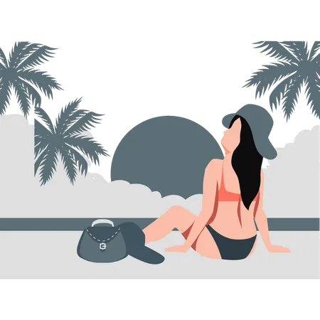 Mujer sentada en la playa de vacaciones  Ilustración