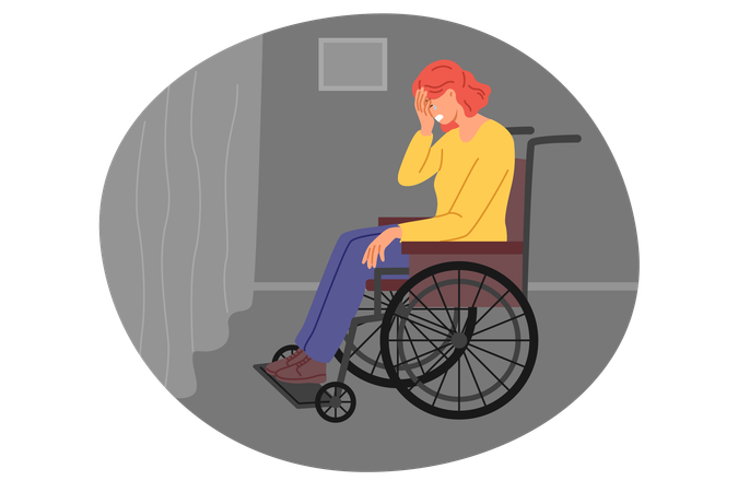 Mujer sentada en silla de ruedas y llora estando sola cerca de la ventana sintiéndose inferior y abandonada  Ilustración