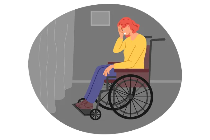 Mujer sentada en silla de ruedas y llora estando sola cerca de la ventana sintiéndose inferior y abandonada  Ilustración