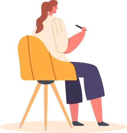 Mujer sentada en una silla sosteniendo un lápiz  Ilustración
