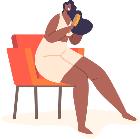 Mujer sentada en un sillón peinándose  Ilustración