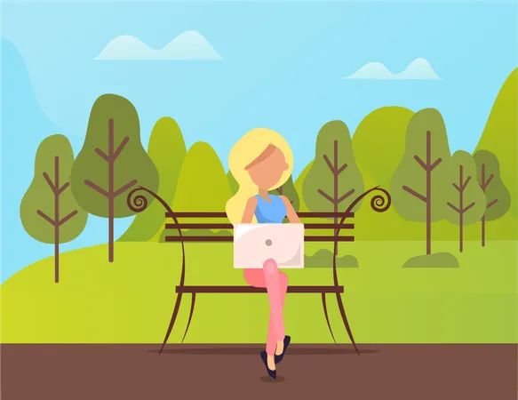 Mujer sentada en un banco en el parque usando una computadora portátil  Ilustración
