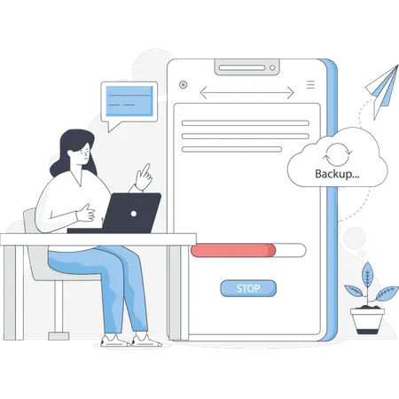 Una mujer se sienta en un escritorio trabajando en una computadora portátil con un teléfono a su lado.  Ilustración