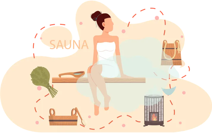 Mujer sentada en un estante de madera y relajándose.  Ilustración