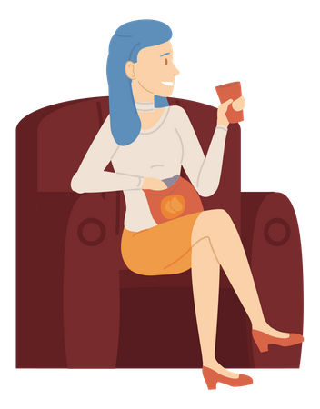 Mujer sentada en un sillón tomando café o té y comiendo patatas fritas  Ilustración