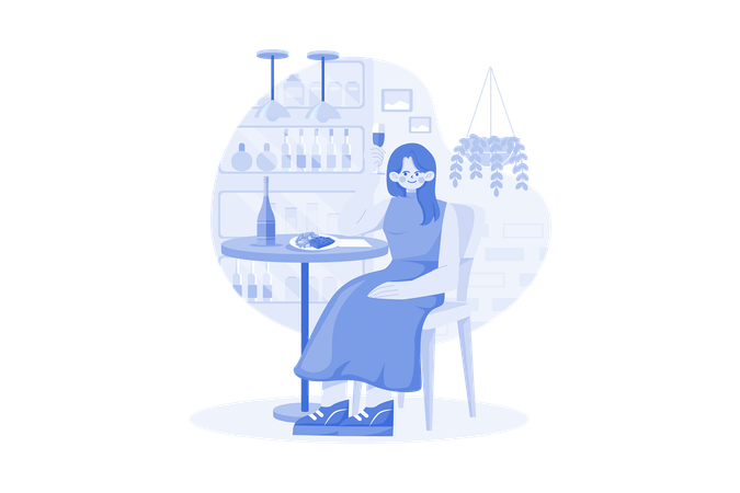 Mujer sentada en un sillón sosteniendo una copa de vino en la mano  Ilustración