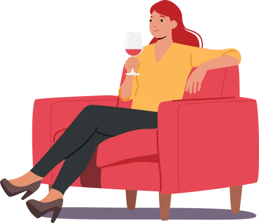 Mujer sentada en un sillón sosteniendo una copa de vino en la mano  Ilustración