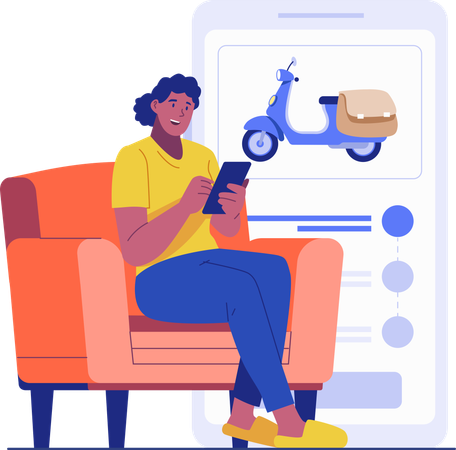 Mujer sentada en un sofá y reservando la entrega de un scooter  Ilustración