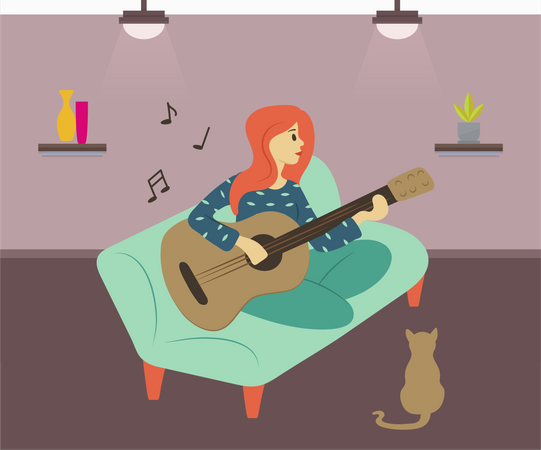 Mujer sentada en el sofá y tocando la guitarra  Ilustración