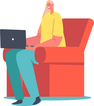 Mujer sentada en el sofá y trabajando en la computadora portátil  Ilustración