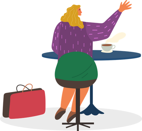 Mujer sentada en una cafetería y tomando café  Ilustración