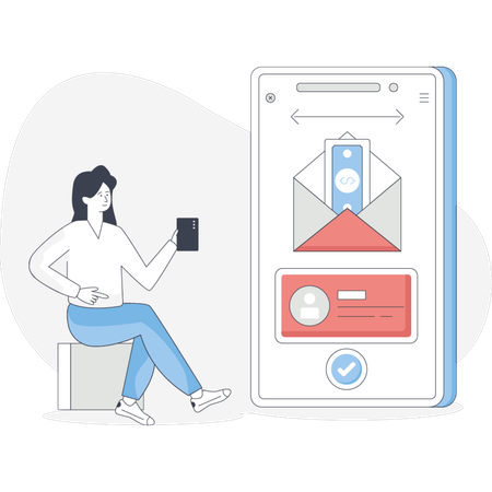Una mujer se sienta en una silla junto a un teléfono inteligente y un sobre que sugiere comunicación o un mensaje esperando ser leído.  Ilustración