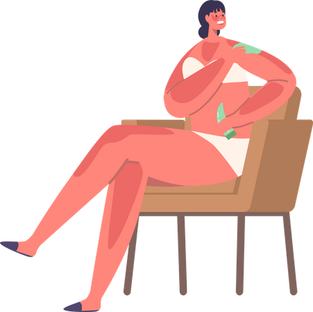 Mujer sentada en una silla aplica crema para quemaduras solares  Ilustración