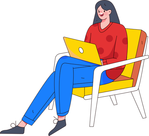 Mujer sentada en una silla y trabajando en una computadora portátil  Ilustración