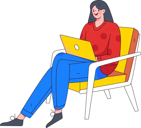 Mujer sentada en una silla y trabajando en una computadora portátil  Ilustración