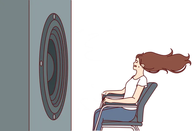 Mujer sentada frente al subwoofer  Ilustración