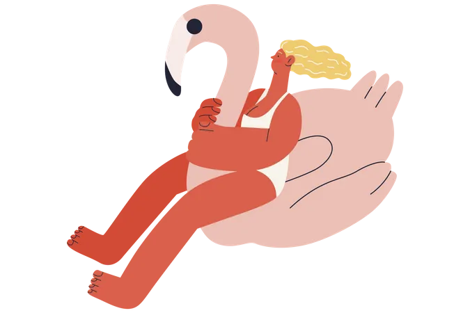 Mujer sentada, en, pato, flotador inflable  Ilustración