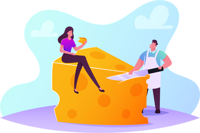 Mujer sentada sobre queso y vendedor rebanando queso  Ilustración