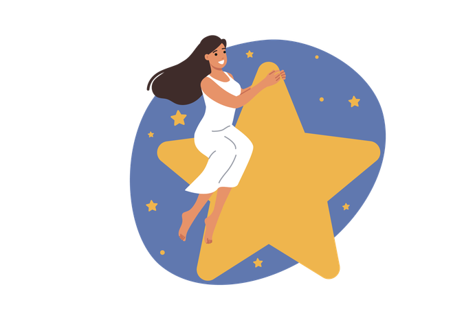 Mujer sentada sobre una gran estrella volando en el cielo nocturno  Ilustración