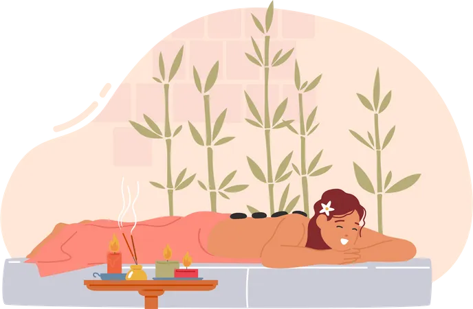 Mujer serena yace con piedras en la espalda en un salón de spa durante un tratamiento relajante  Ilustración