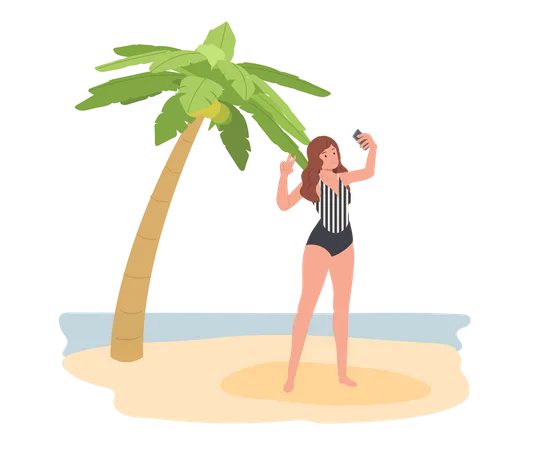 Mujer sexy en la playa tomando selfie con paisaje marino por teléfono inteligente  Ilustración