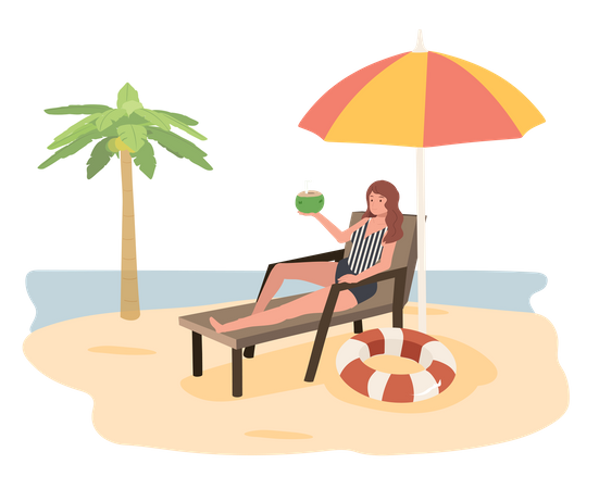 Mujer sexy relajándose en la playa con jugo de bebidas de coco  Ilustración