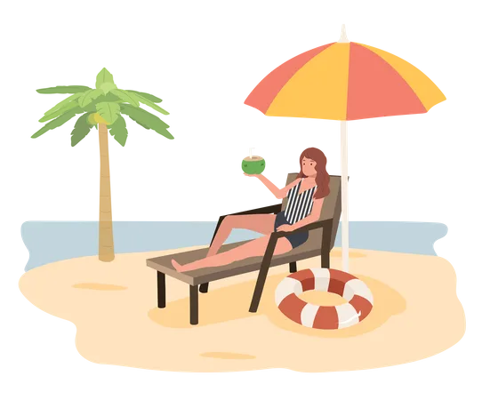 Mujer Joven Relajandose En La Playa Con Jugo De Bebidas De Coco Mujer Sentada En El Asiento Bajo Una Sombrilla Ilustracion De Vector Plano Ilustración