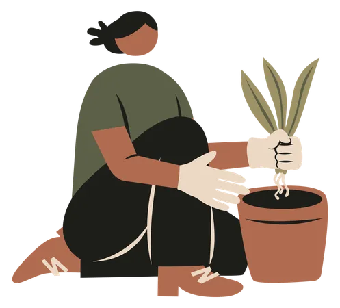 Mujer plantando planta  Ilustración