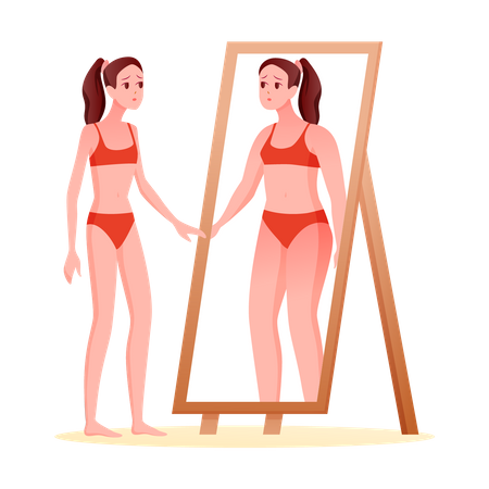 Mujer se siente deprimida después de mirarse al espejo debido a la vergüenza corporal  Ilustración