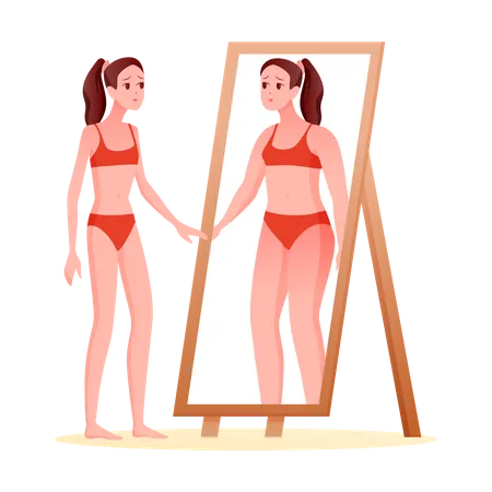 Mujer se siente deprimida después de mirarse al espejo debido a la vergüenza corporal  Ilustración
