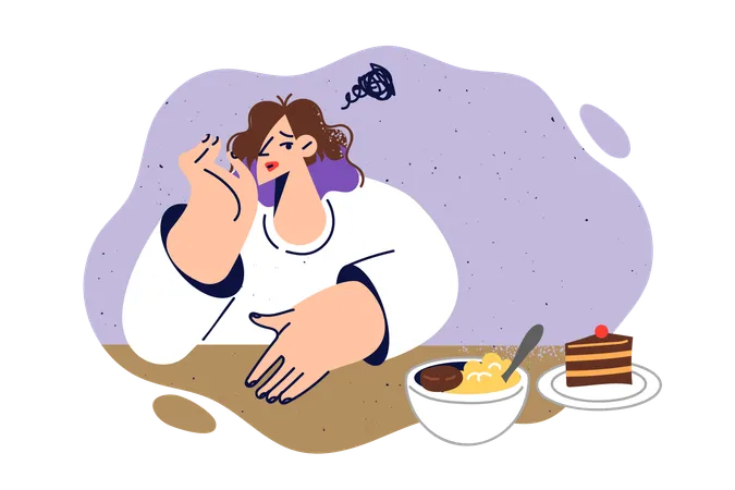 La mujer siente falta de apetito sentada a la mesa con comida  Ilustración