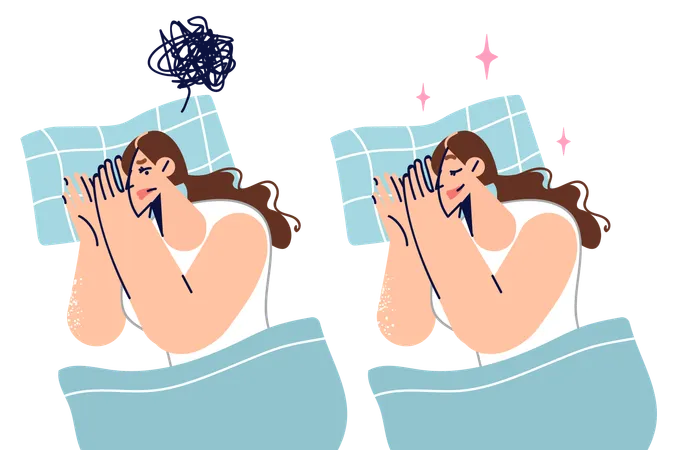 Mujer que siente insomnio acostada en la cama mientras se queda dormida después de tomar la pastilla para dormir recomendada por el médico  Ilustración