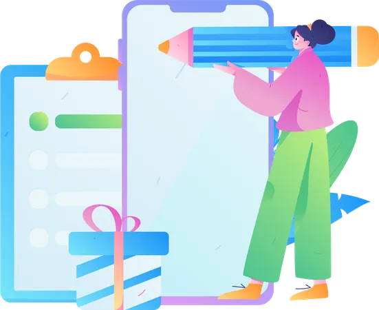 Mujer firma formulario de encuesta de empresa  Ilustración